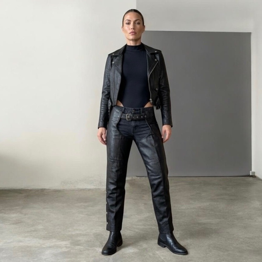 Xelement Womens Black Leather Motorcycle Chaps Biker Riding Pants Pocket Size 10